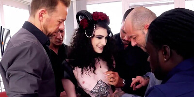 Insatiable brunette roughly analyzed by several machos