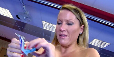 Busty blonde deepthroats on a hard cock and fucks on the floor