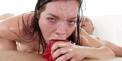 Oiled whore in latex gloves enjoys anal after gagging job