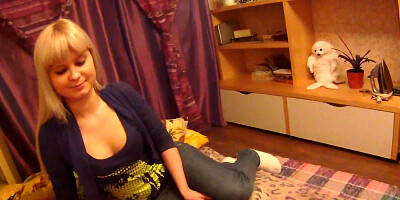 Playful blonde teen seduced into stripping and sucking dick