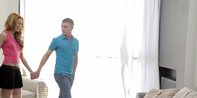 Two men have some fun with a brunette with a skinny body