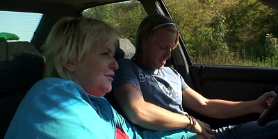 80 year old granny is hitchhiking and pays with a blowjob