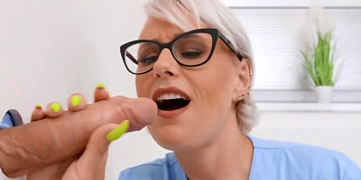 Nerdy blonde nurse with big tits practices anal sex before shift