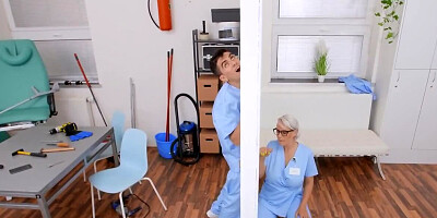 Nerdy blonde nurse with big tits practices anal sex before shift