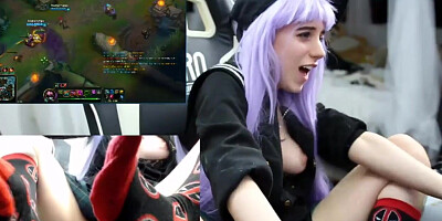 Sexy gamer playing League of Legends with toy in her cunt