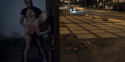 Blonde babe seduced and fucked outdoors in a shady neighborhood