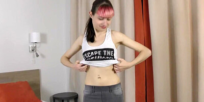 Redheaded teen with a slender body having her first porn