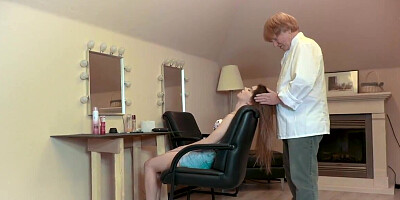 Old guy fucks younger babe in the hair shop