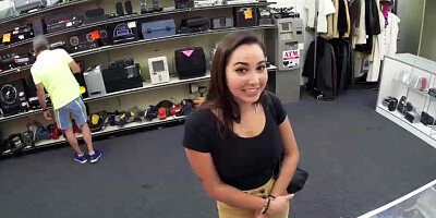 Busty brunette Babe gets big cash for sex inside of the pawn shop office