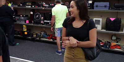 Busty brunette Babe gets big cash for sex inside of the pawn shop office