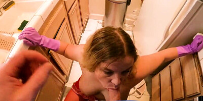 Curvy blonde MILF helps horny stepson in the kitchen