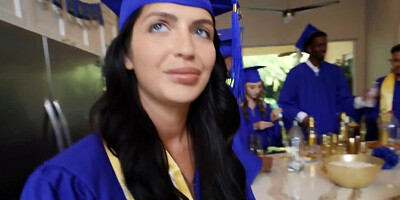 Busty graduate enjoying hard love with two black boners