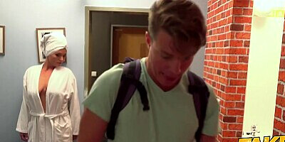 Fake Hostel Bouncy big tits and MILF have threesome with guy