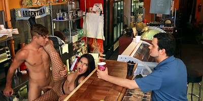 Bartender bangs the waitress in fishnet stockings