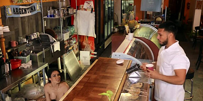 Bartender bangs the waitress in fishnet stockings