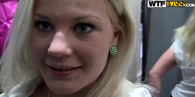 Blonde chick Pamela pick uped and sucks in the dressing room