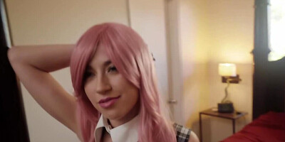 College girl with pink hair makes a sex surprise for boyfriend