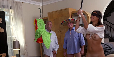 Pinata enthusiast gets fucked by two gross old dudes