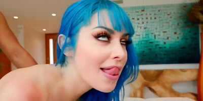 A Beauty With Blue Hair And Huge Tits Is Dripping From A Huge Cock