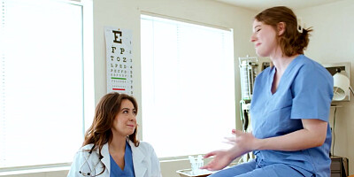 Lesbian doctor rimming and pussy licking big tits assistant