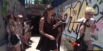 Pathetic babe publicly fucked and pissed in group sex