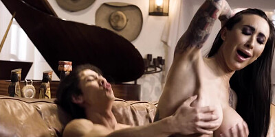 Sexy inked MILF with big boobs copulates with Asian stud