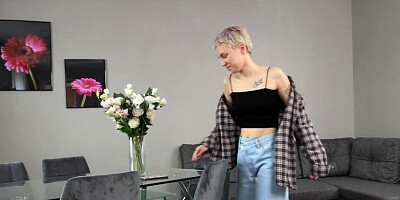 Stripping action for a European hottie with long legs