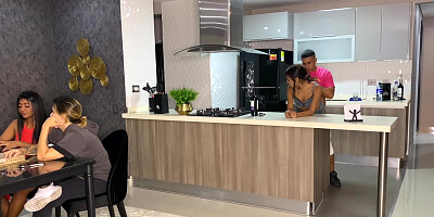 Aisha Fucks Her Friend In The Kitchen While Her Family Is At The Table
