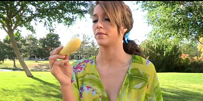 Shameless nature walks with vegetables inside pussy