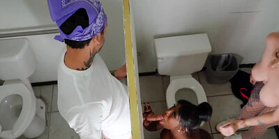 White and black teens feel guy's cock in their twats in the loo