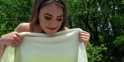 Cutie undresses and gives pleasure to boat's owner in the forest