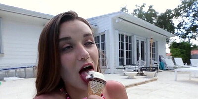 Adorable girl sucks and rides bulge by the pool