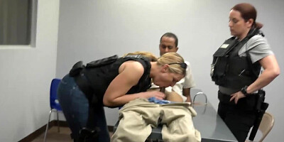Two female cops are blowing a guy and fucking with him