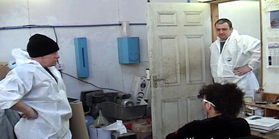 Breasty Kim sucks off 2 workers