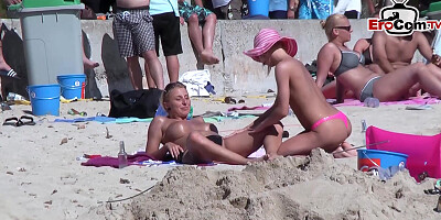 PUBLIC BEACH - German teens 18+ try lesbian games in mallorca holiday