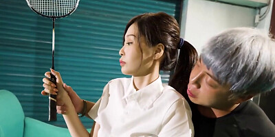 Asian girl blows a guy and gets fucked on the chair