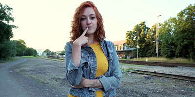 Sexy Redhead Waitress Sucks Cock And Gets Fucked Doggystyle Outside In Public