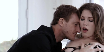 Admirable babe is kissing with a guy and giving him a blowjob