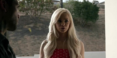 Inked couple having sex with the petite blonde babystiter