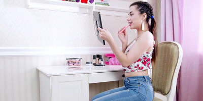 Pig-tailed teeny gets a shower of cum after coupling