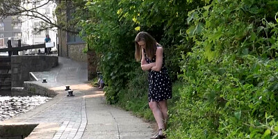 Flashing blonde amateur in lingerie and outdoor posing of exhibitionist beauty with naughty outside