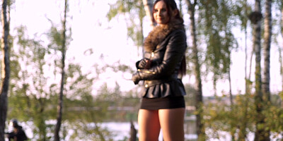 Jeny Smith in nylon pantyhose without panties shocked a biker in the forest. Bottomless in Public.