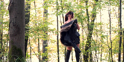 Jeny Smith in nylon pantyhose without panties shocked a biker in the forest. Bottomless in Public.