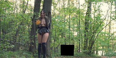Jeny Smith in nylon pantyhose without panties shocked a biker in the forest. Bottomless in Public.