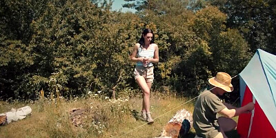 Tent owner impresses brunette and drills her in his magic tent