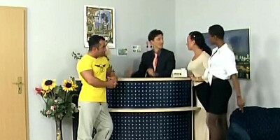 Gorgeous African maid and brunette friend attend tourist