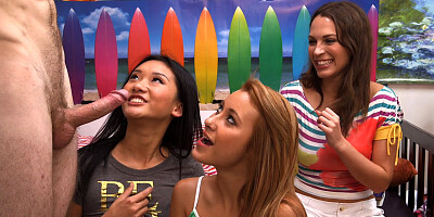 Three girls milking that stick