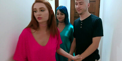 Naughty stepsisters entice stepbrother into taboo threeway