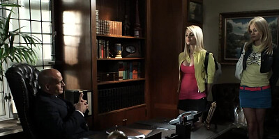 Two blonde secretaries are having blowjob competition