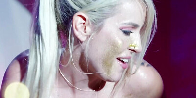 Horny blonde stripper is riding hard cock on the stage